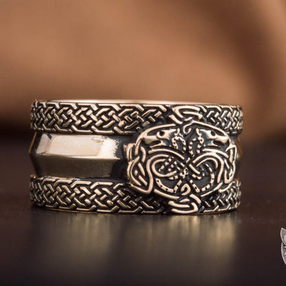 Viking Bronze Ring with Wolves and Norse Ornaments