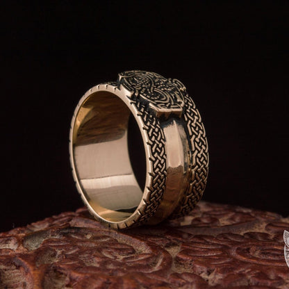 Viking Bronze Ring with Wolves and Norse Ornaments