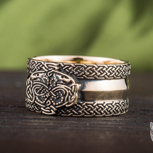 Viking Bronze Ring with Wolves and Norse Ornaments