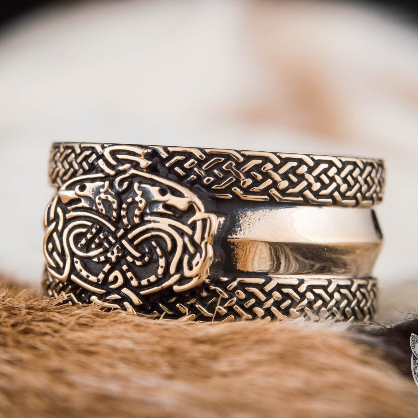 Viking Bronze Ring with Wolves and Norse Ornaments