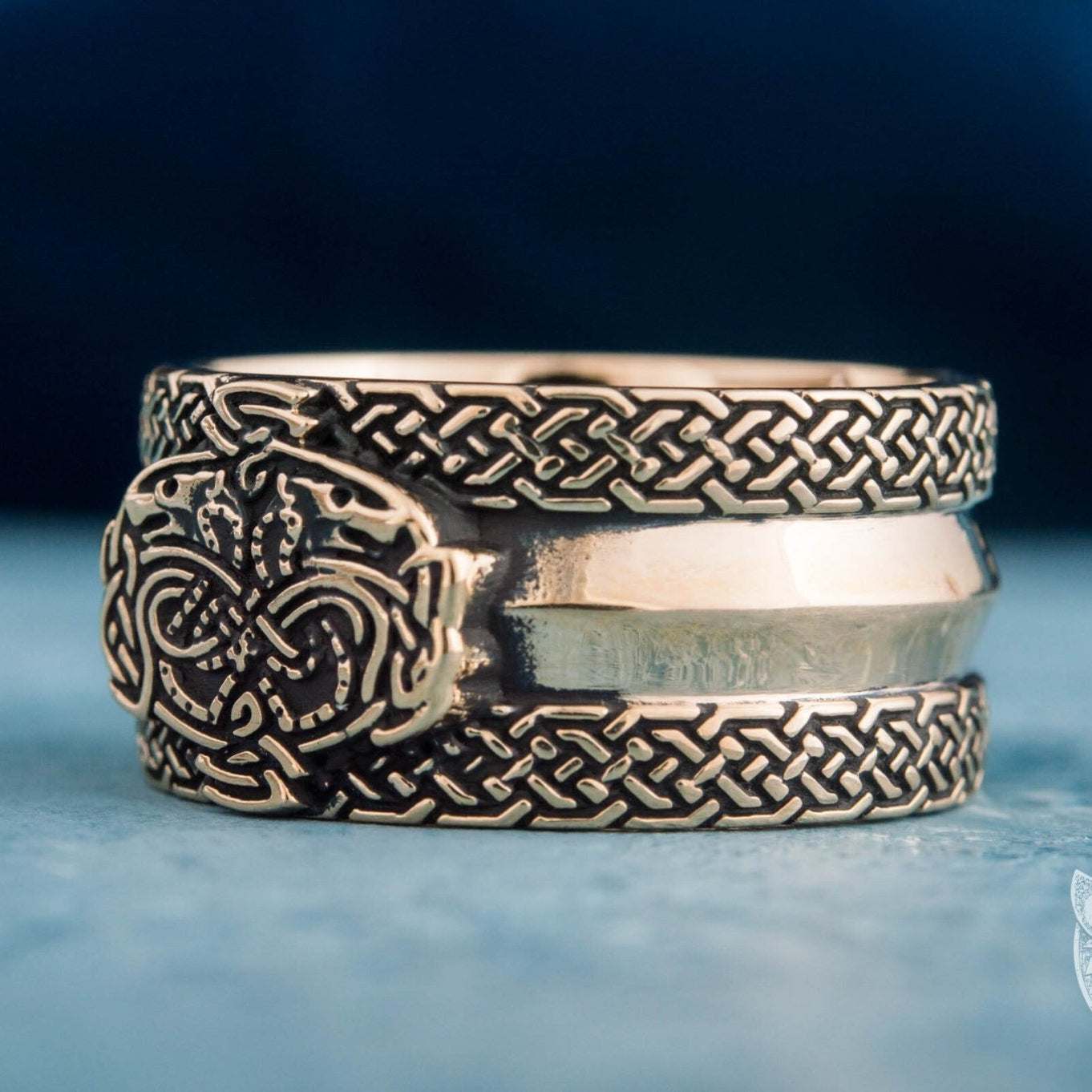 Viking Bronze Ring with Wolves and Norse Ornaments