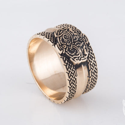 Viking Bronze Ring with Wolves and Norse Ornaments