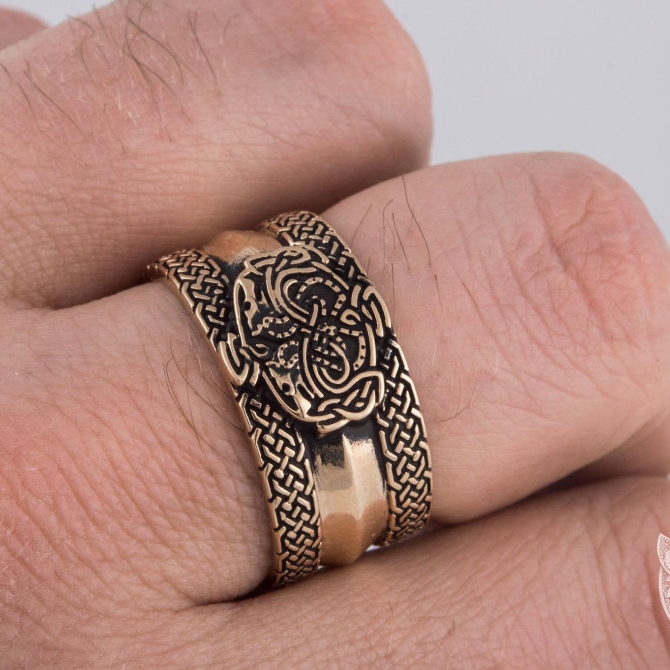 Viking Bronze Ring with Wolves and Norse Ornaments