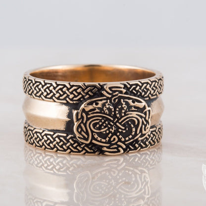 Viking Bronze Ring with Wolves and Norse Ornaments