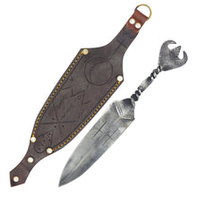 Hand-forged Viking dagger with a double-edged carbon steel blade and twisted steel grip, beside its tooled leather sheath with brass rivets