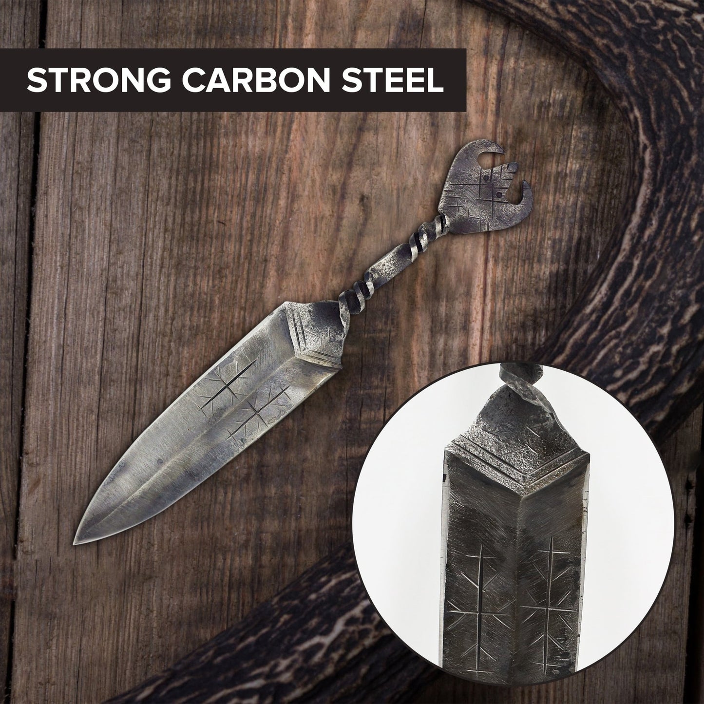 Viking hand-forged dagger and leather sheath shown full length