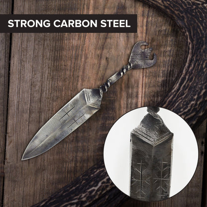 Viking hand-forged dagger and leather sheath shown full length