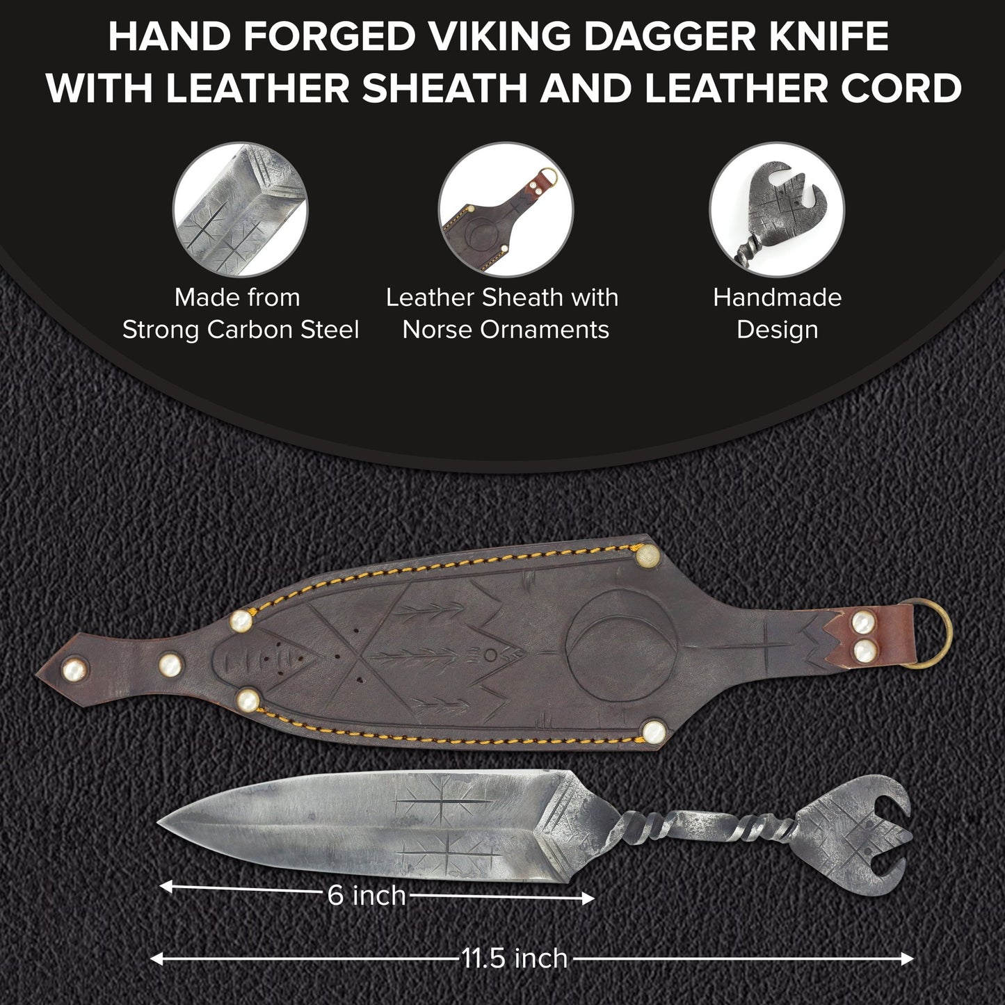 Viking dagger blade showing hand-carved Norse ornaments in carbon steel