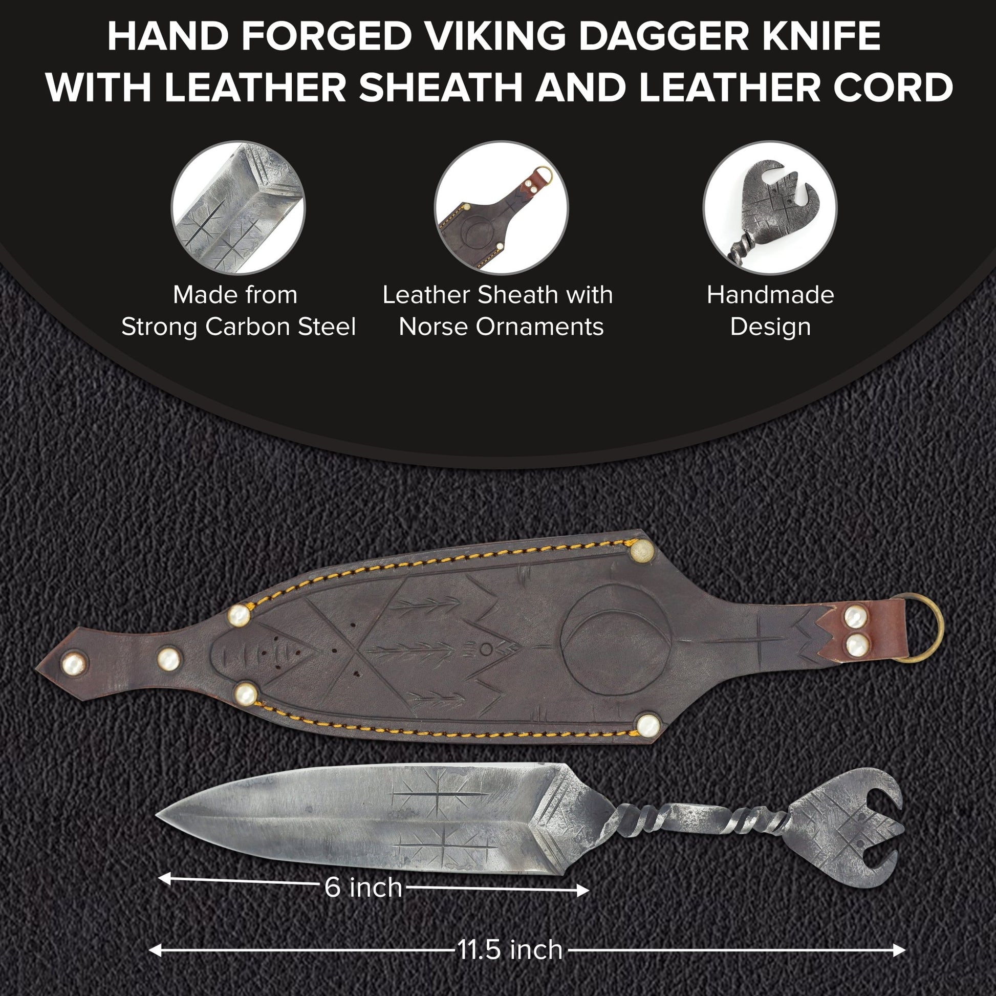 Viking dagger blade showing hand-carved Norse ornaments in carbon steel