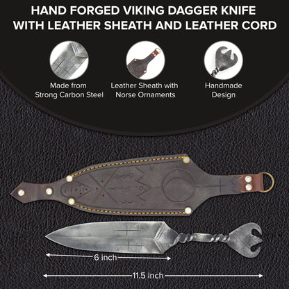 Viking dagger blade showing hand-carved Norse ornaments in carbon steel