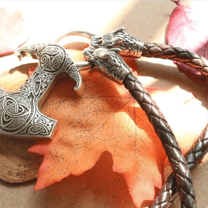Viking Dragon Head Necklace with Thor's Hammer Pendant - VikingsBrand