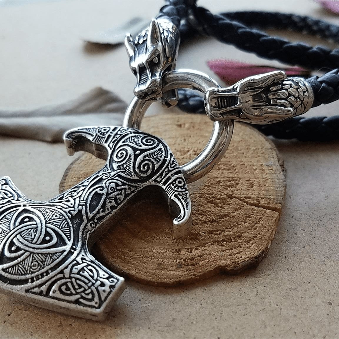 Viking Dragon Head Necklace with Thor's Hammer Pendant - VikingsBrand