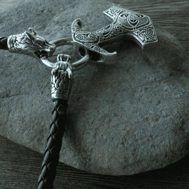 Viking Dragon Head Necklace with Thor's Hammer Pendant - VikingsBrand