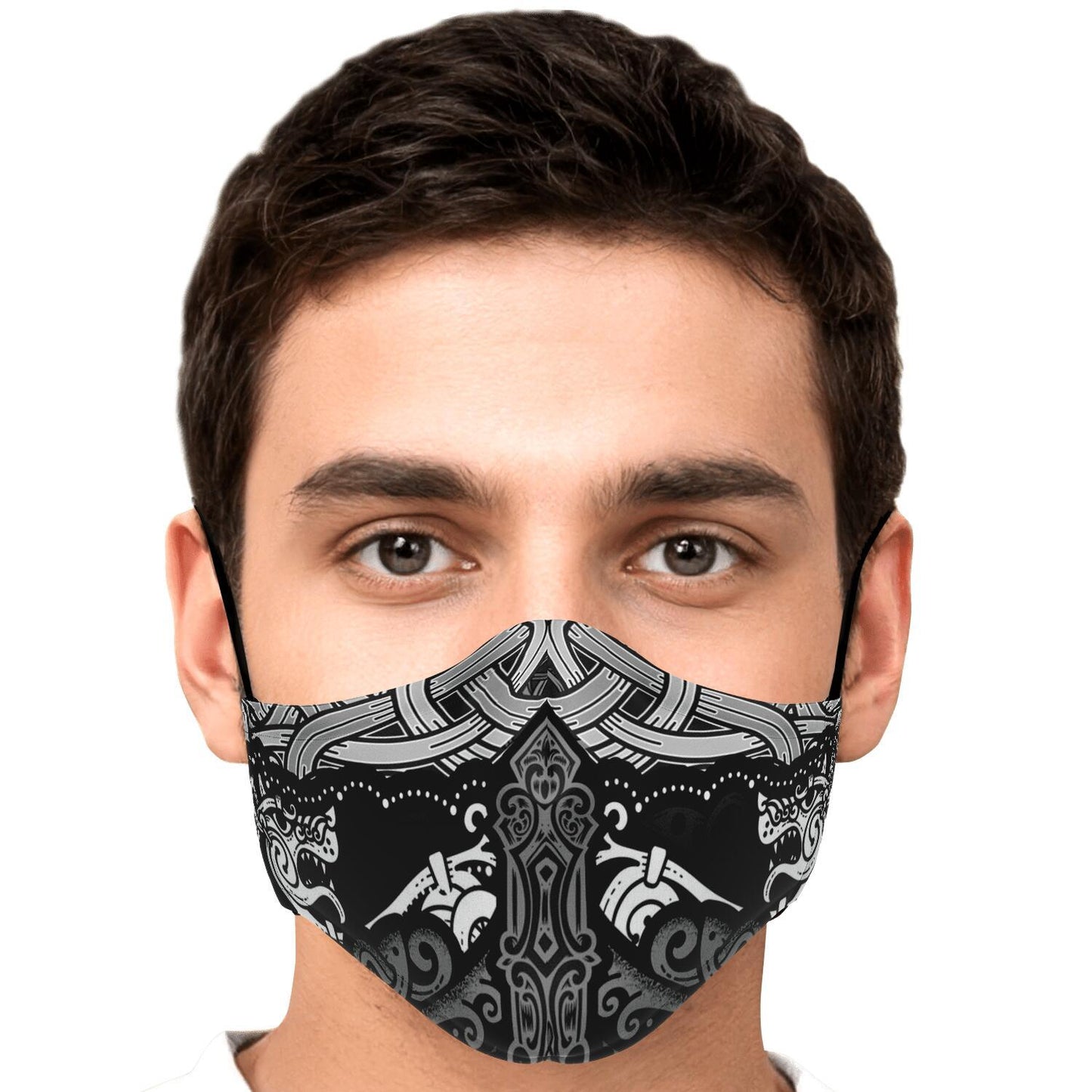 Viking Face Mask Cover with Wolves B&W
