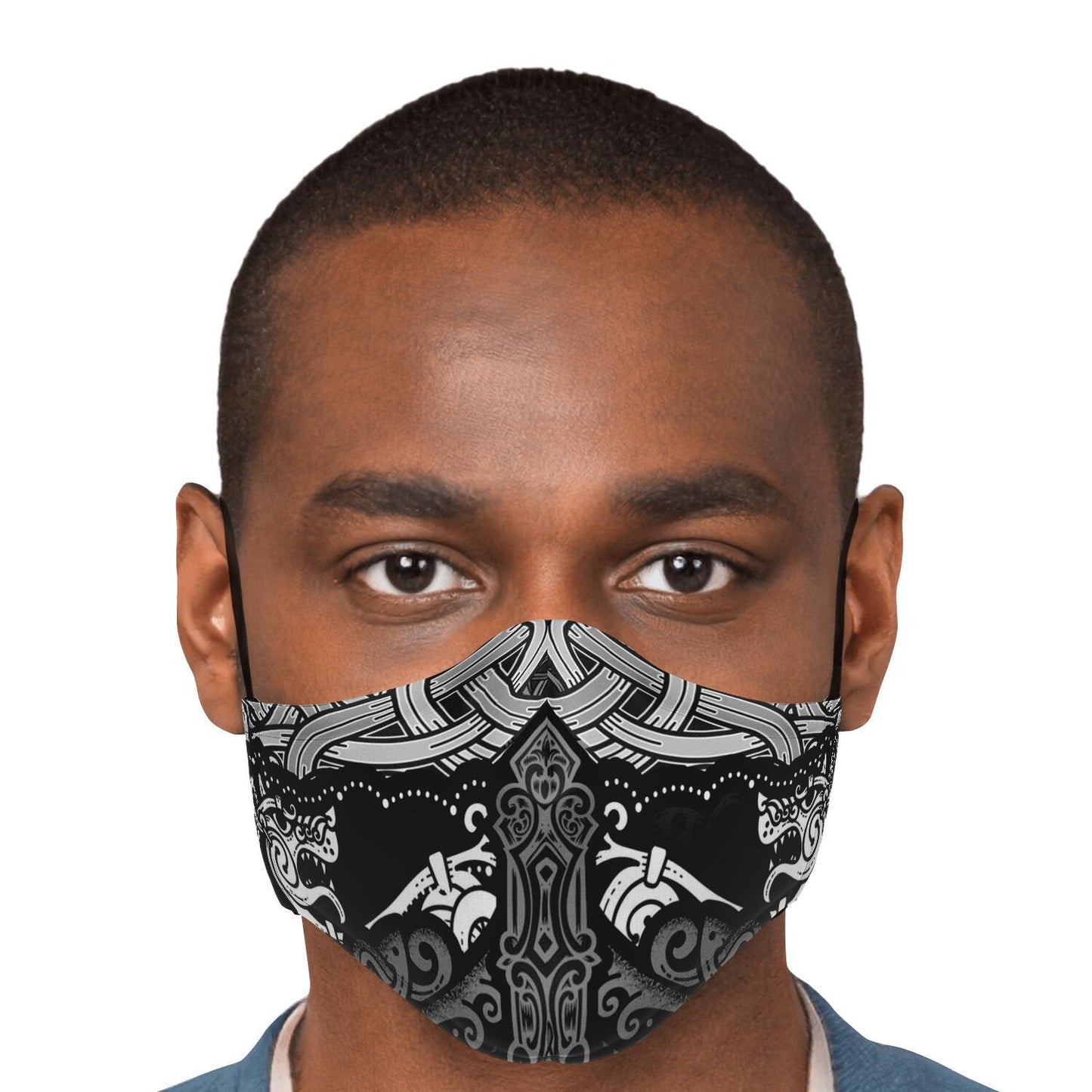 Viking Face Mask Cover with Wolves B&W