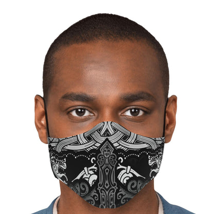 Viking Face Mask Cover with Wolves B&W