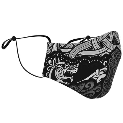 Viking Face Mask Cover with Wolves B&W