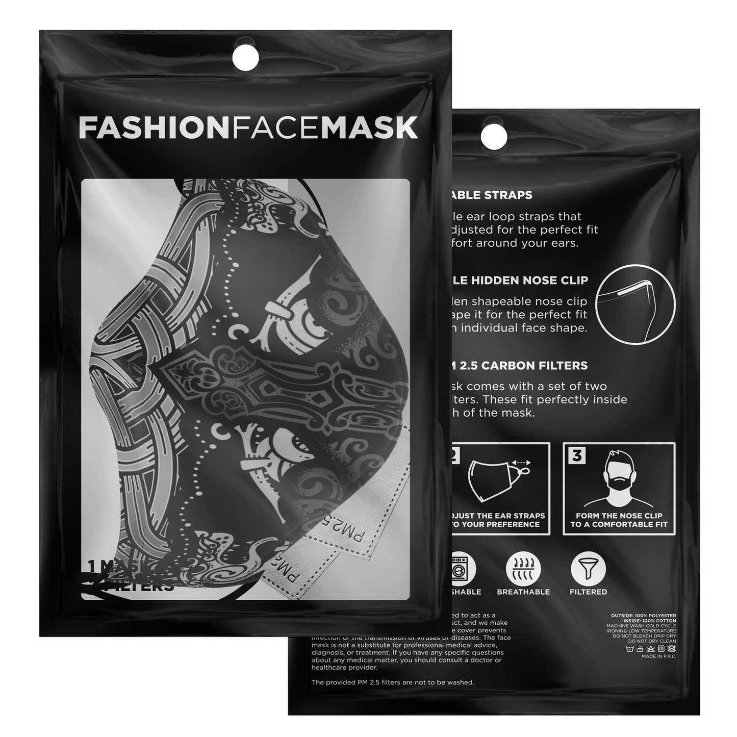 Viking Face Mask Cover with Wolves B&W