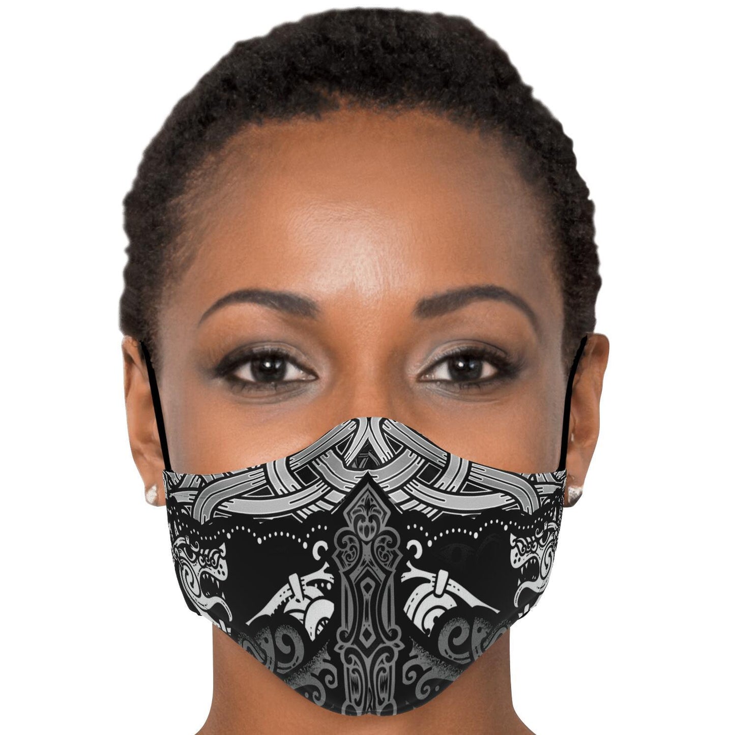 Viking Face Mask Cover with Wolves B&W