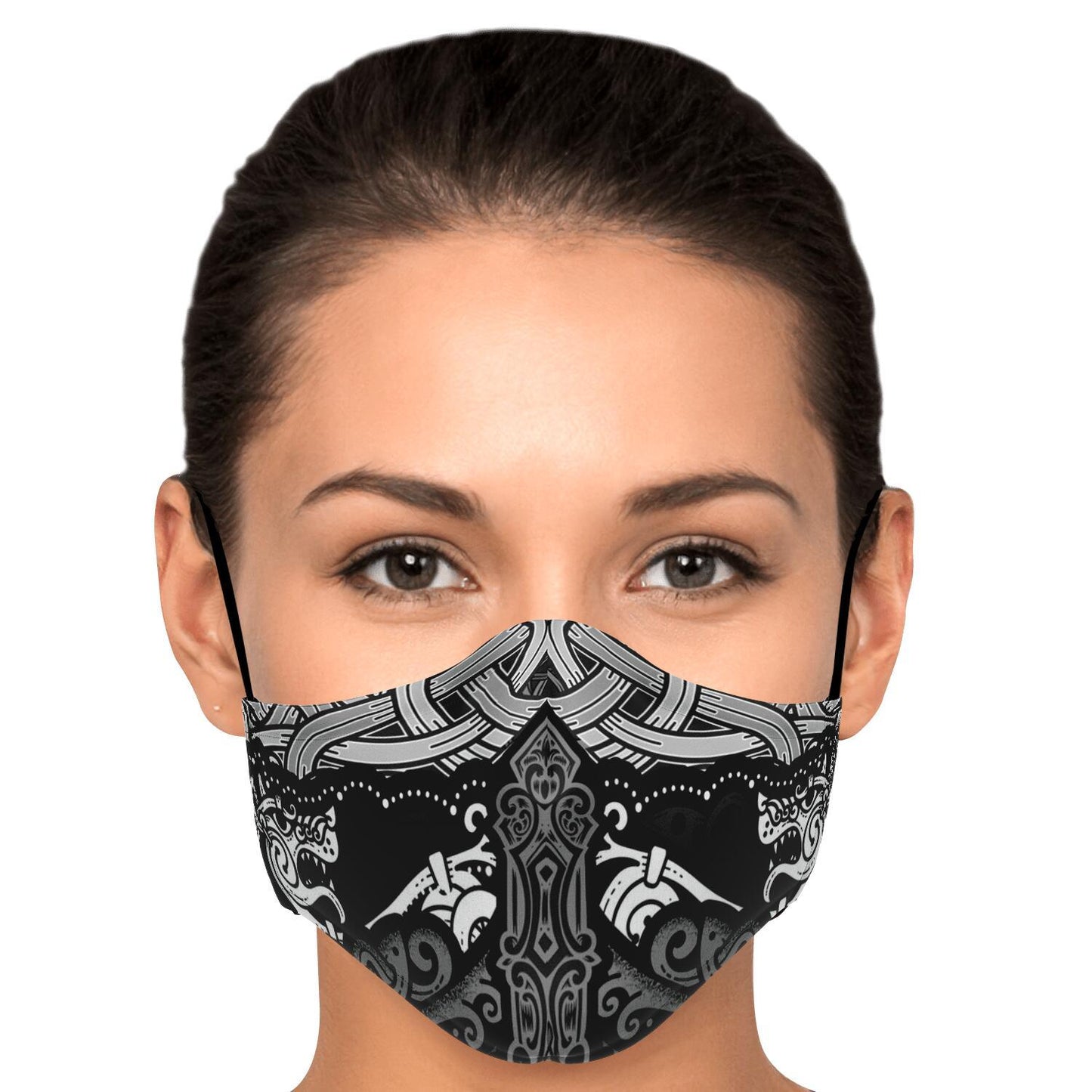 Viking Face Mask Cover with Wolves B&W