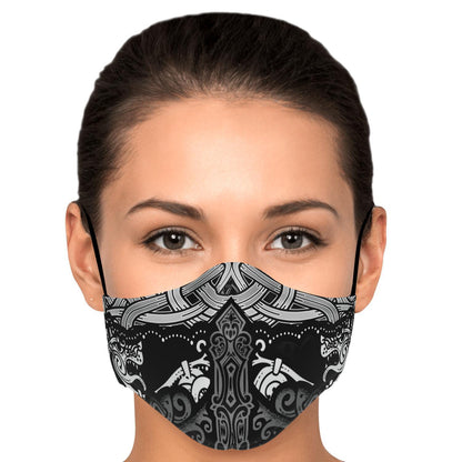 Viking Face Mask Cover with Wolves B&W