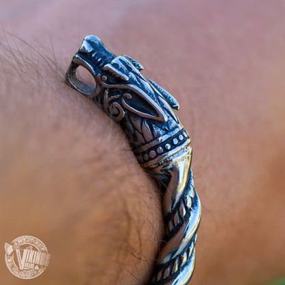 Viking Fenrir Wolf Head Twisted Bangle Bracelet Arm Ring - Stainless Steel! - VikingsBrand