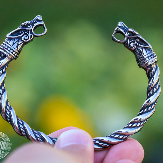 Viking Fenrir Wolf Head Twisted Bangle Bracelet Arm Ring - Stainless Steel! - VikingsBrand