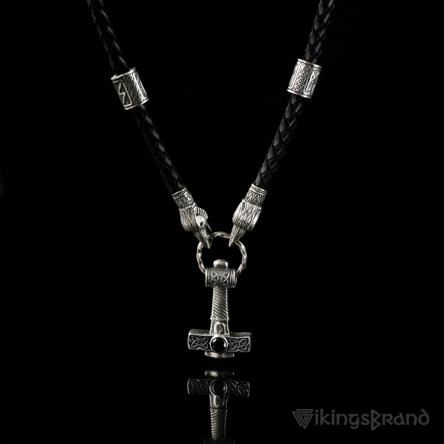 Viking Genuine Leather Ravens Necklace with 925 Silver Mjolnir & Black Agate