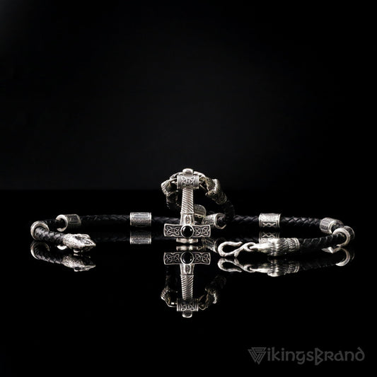 Viking Genuine Leather Ravens Necklace with 925 Silver Mjolnir & Black Agate