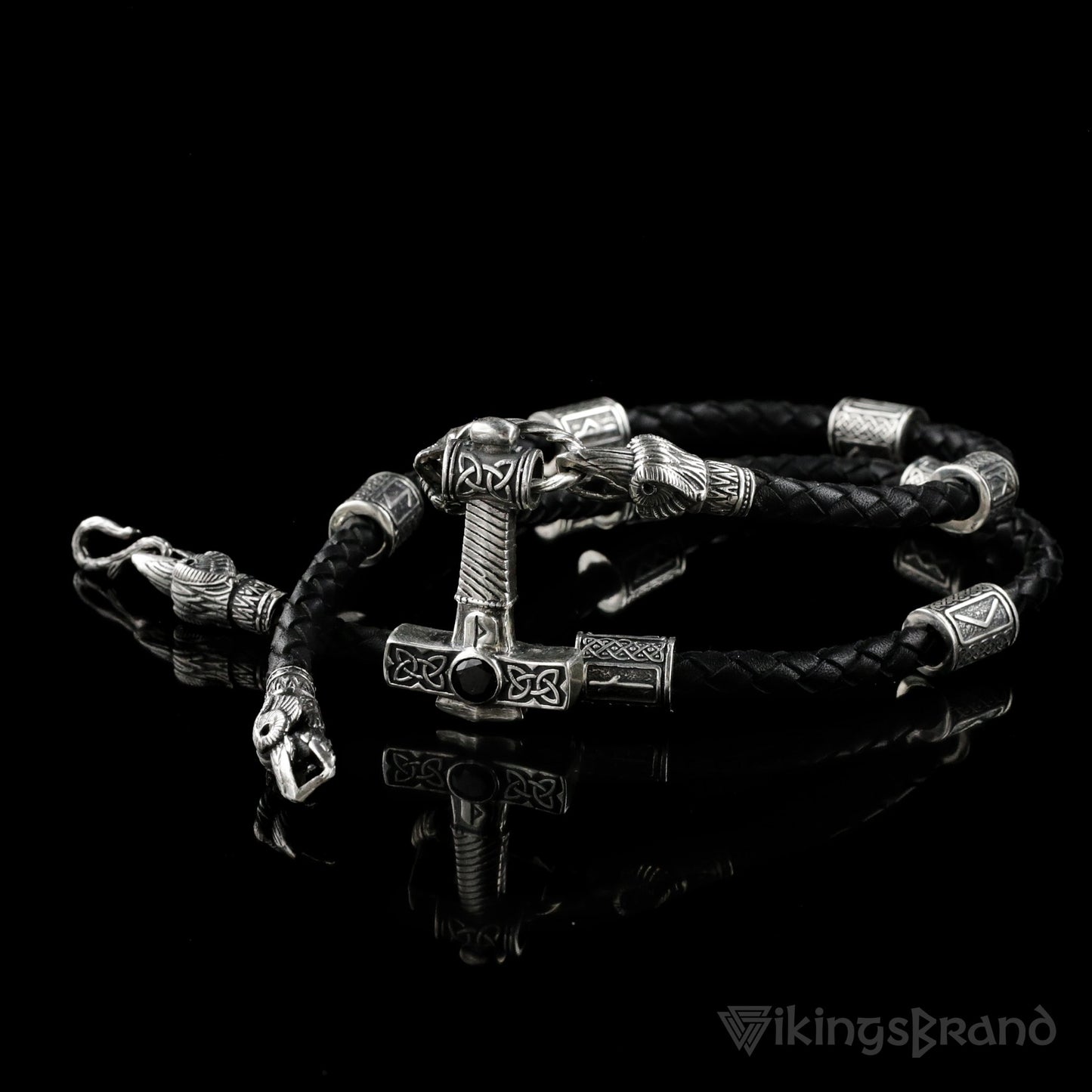 Viking Genuine Leather Ravens Necklace with 925 Silver Mjolnir & Black Agate