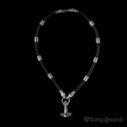 Viking Genuine Leather Ravens Necklace with 925 Silver Mjolnir & Black Agate