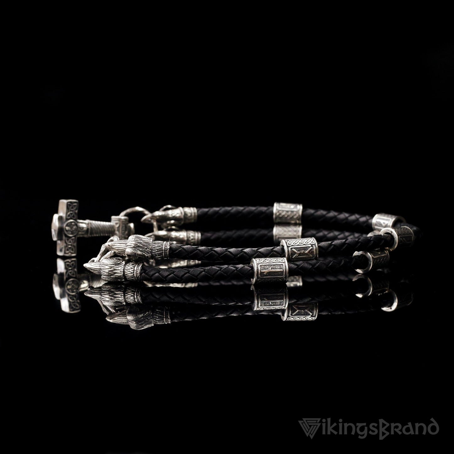 Viking Genuine Leather Ravens Necklace with 925 Silver Mjolnir & Black Agate