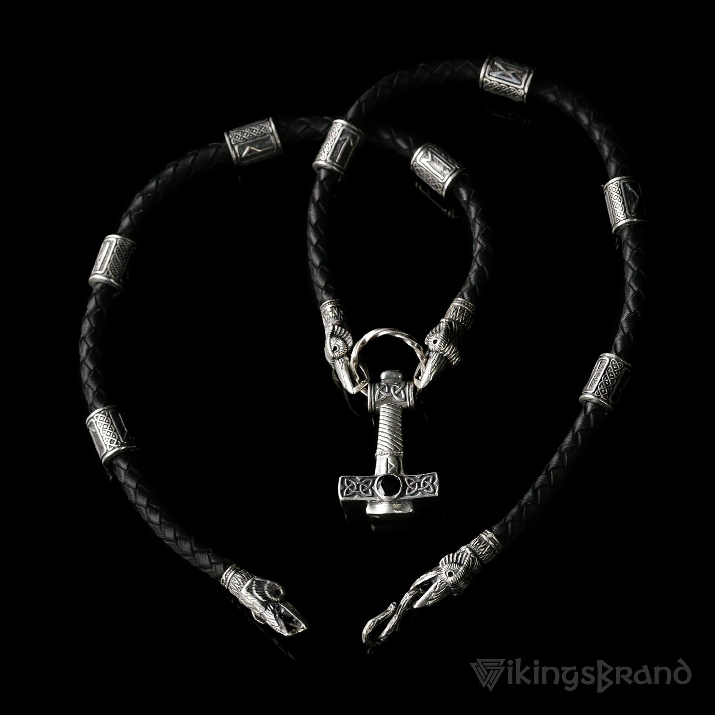 Viking Genuine Leather Ravens Necklace with 925 Silver Mjolnir & Black Agate