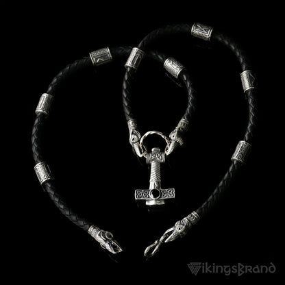 Viking Genuine Leather Ravens Necklace with 925 Silver Mjolnir & Black Agate