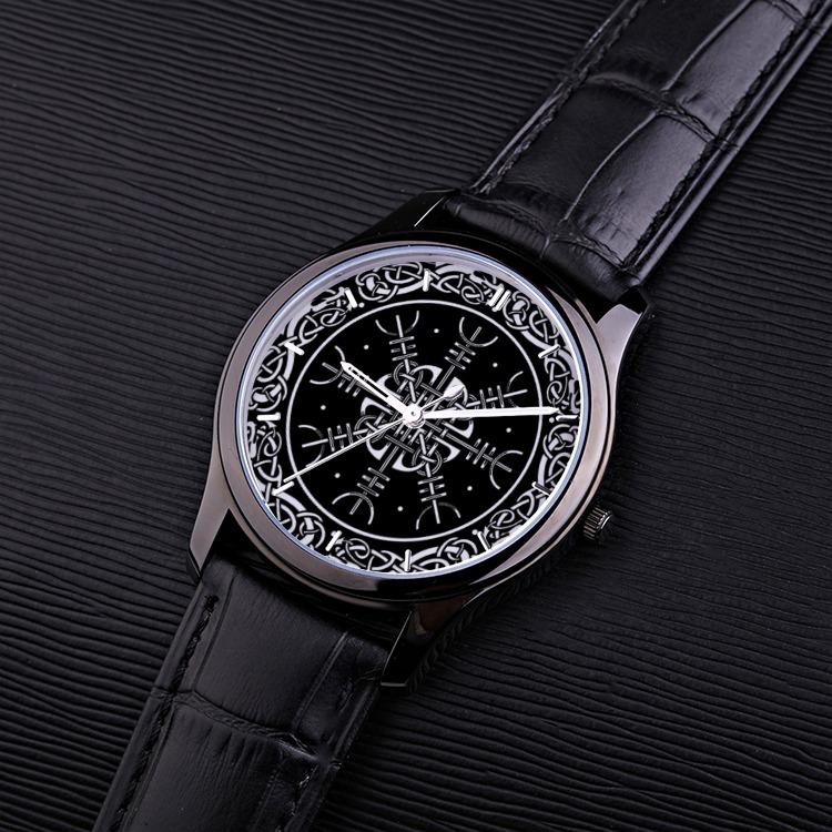 Viking Helm of Awe - 30 Meters Waterproof Quartz Fashion Watch With Black Genuine Leather Band - VikingsBrand