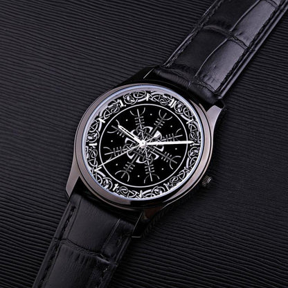 Viking Helm of Awe - 30 Meters Waterproof Quartz Fashion Watch With Black Genuine Leather Band - VikingsBrand