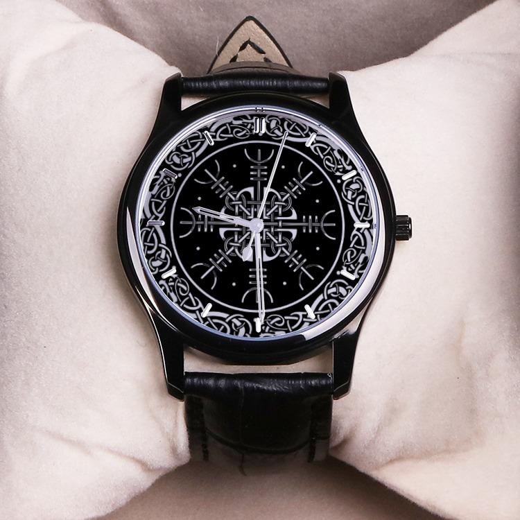 Viking Helm of Awe - 30 Meters Waterproof Quartz Fashion Watch With Black Genuine Leather Band - VikingsBrand