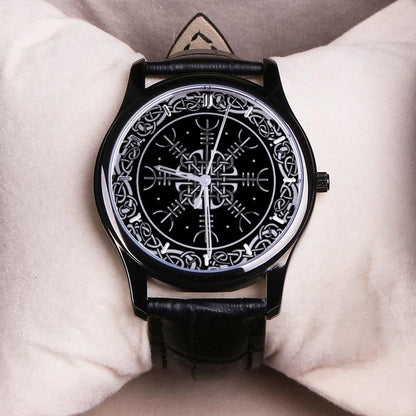 Viking Helm of Awe - 30 Meters Waterproof Quartz Fashion Watch With Black Genuine Leather Band - VikingsBrand