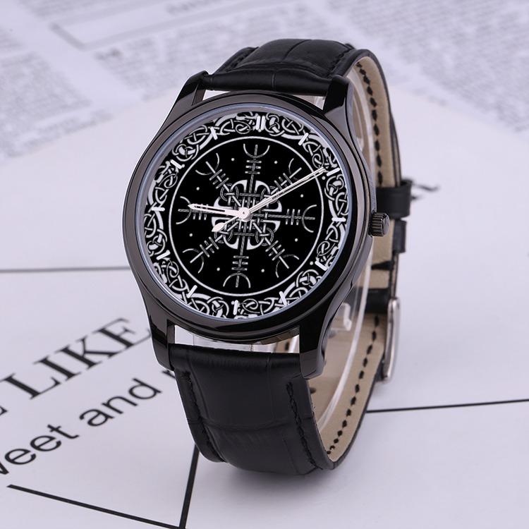 Viking Helm of Awe - 30 Meters Waterproof Quartz Fashion Watch With Black Genuine Leather Band - VikingsBrand