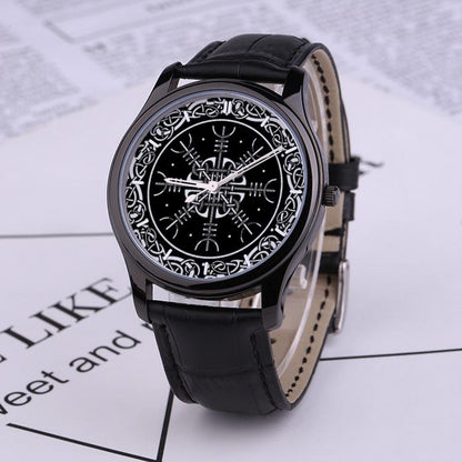 Viking Helm of Awe - 30 Meters Waterproof Quartz Fashion Watch With Black Genuine Leather Band - VikingsBrand