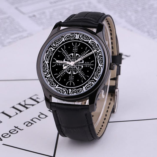 Viking Helm of Awe - 30 Meters Waterproof Quartz Fashion Watch With Black Genuine Leather Band - VikingsBrand