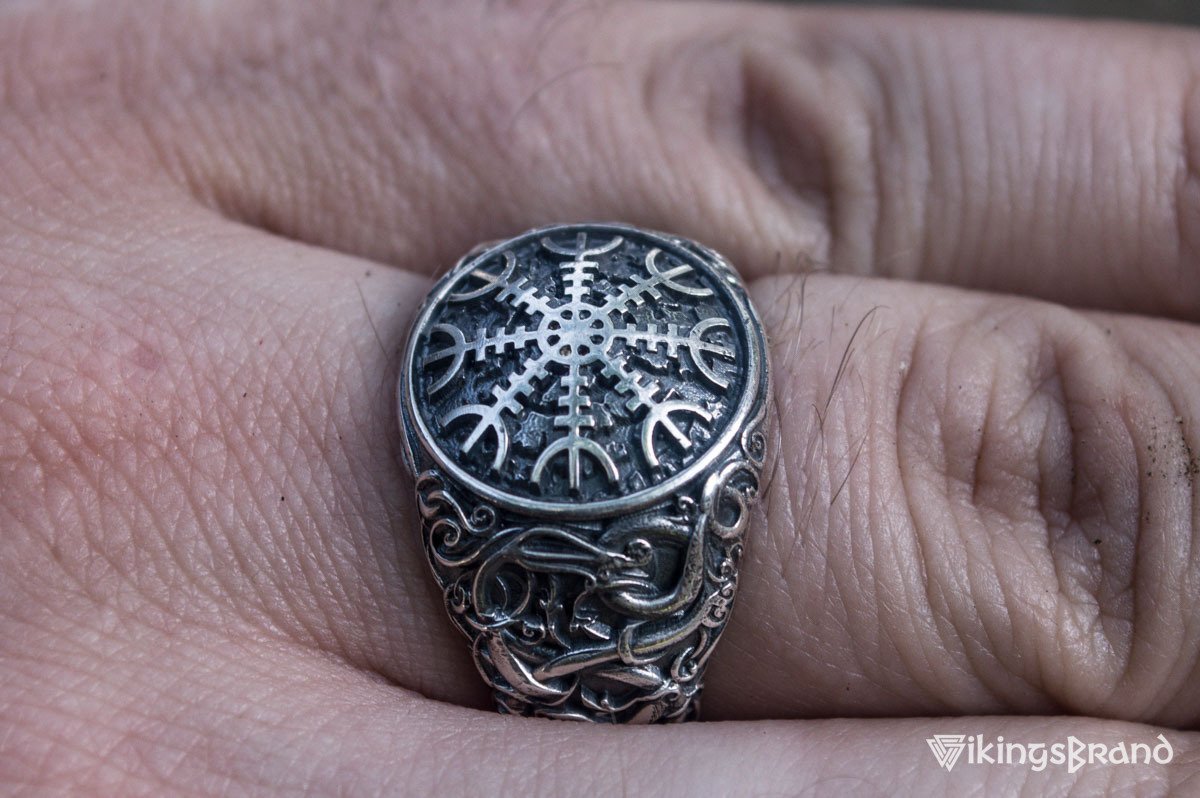 Viking Helm of Awe Symbol with Urnes Viking Style Sterling Silver Norse Ring
