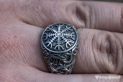 Viking Helm of Awe Symbol with Urnes Viking Style Sterling Silver Norse Ring