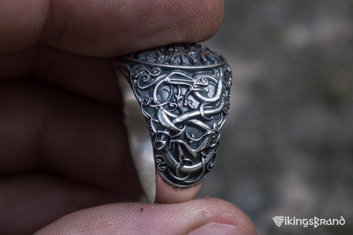 Viking Helm of Awe Symbol with Urnes Viking Style Sterling Silver Norse Ring