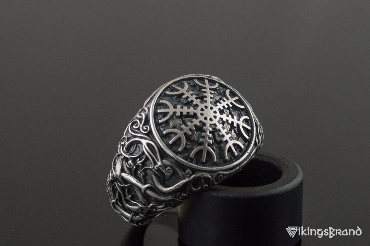 Viking Helm of Awe Symbol with Urnes Viking Style Sterling Silver Norse Ring