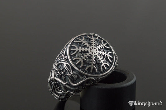 Viking Helm of Awe Symbol with Urnes Viking Style Sterling Silver Norse Ring
