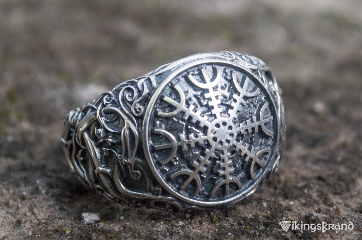 Viking Helm of Awe Symbol with Urnes Viking Style Sterling Silver Norse Ring
