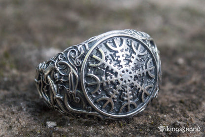 Viking Helm of Awe Symbol with Urnes Viking Style Sterling Silver Norse Ring