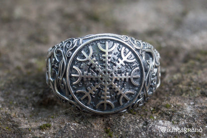 Viking Helm of Awe Symbol with Urnes Viking Style Sterling Silver Norse Ring