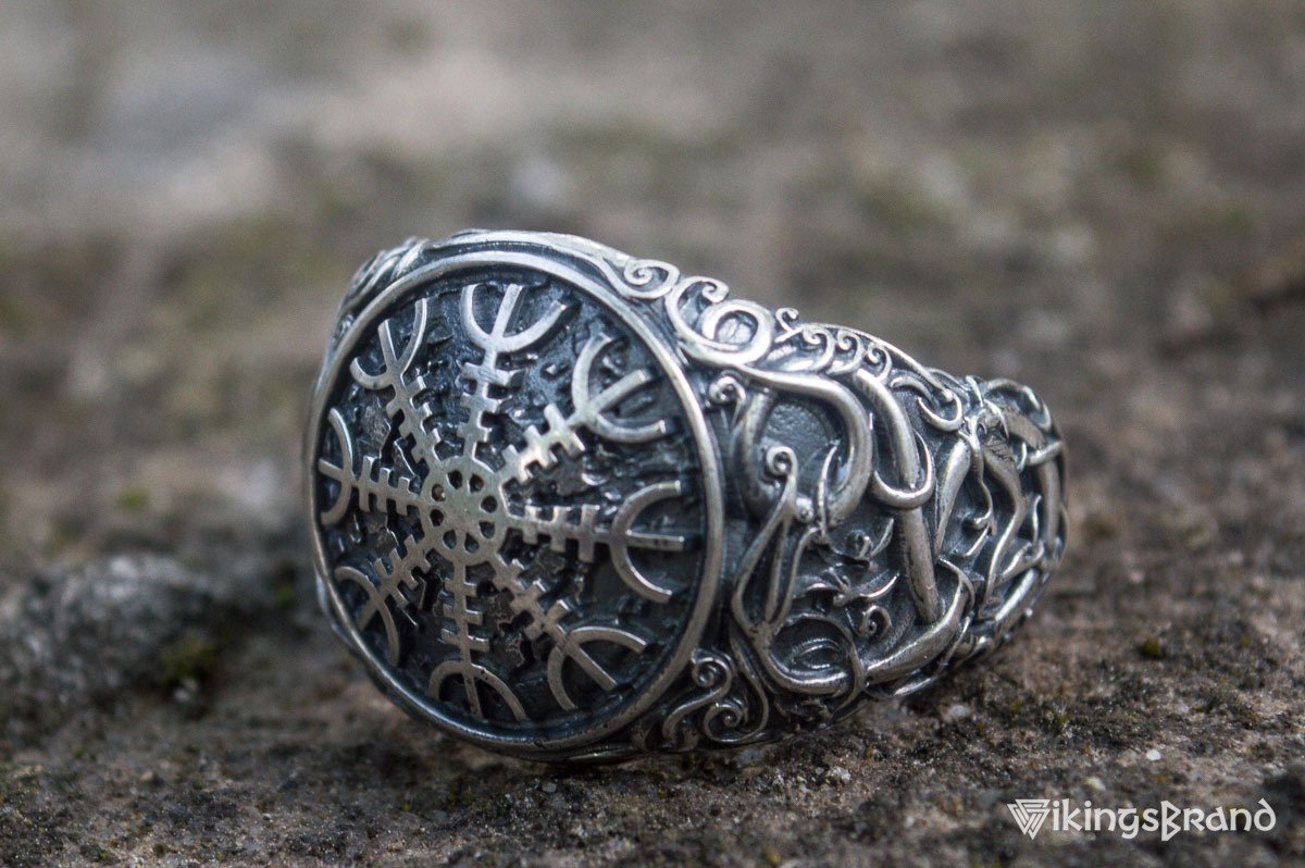 Viking Helm of Awe Symbol with Urnes Viking Style Sterling Silver Norse Ring